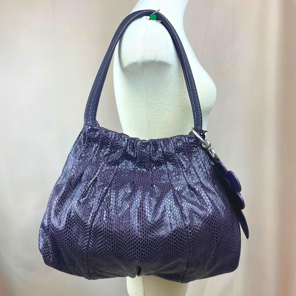 BRIGHTON Plum Patent Snakeskin Hobo Leather Pleated Purse Flower Charm Bag - Picture 2 of 9